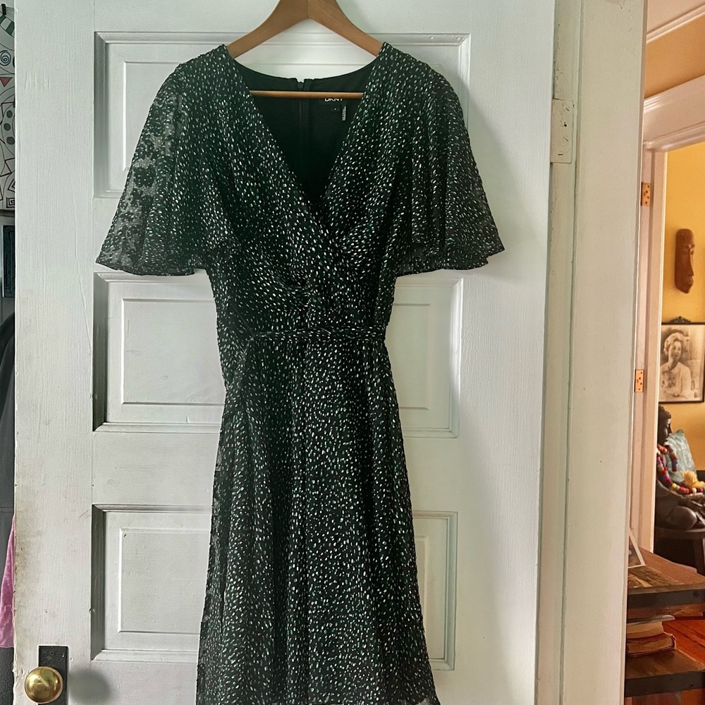 DKNY ruffled, spotted green and black dress
